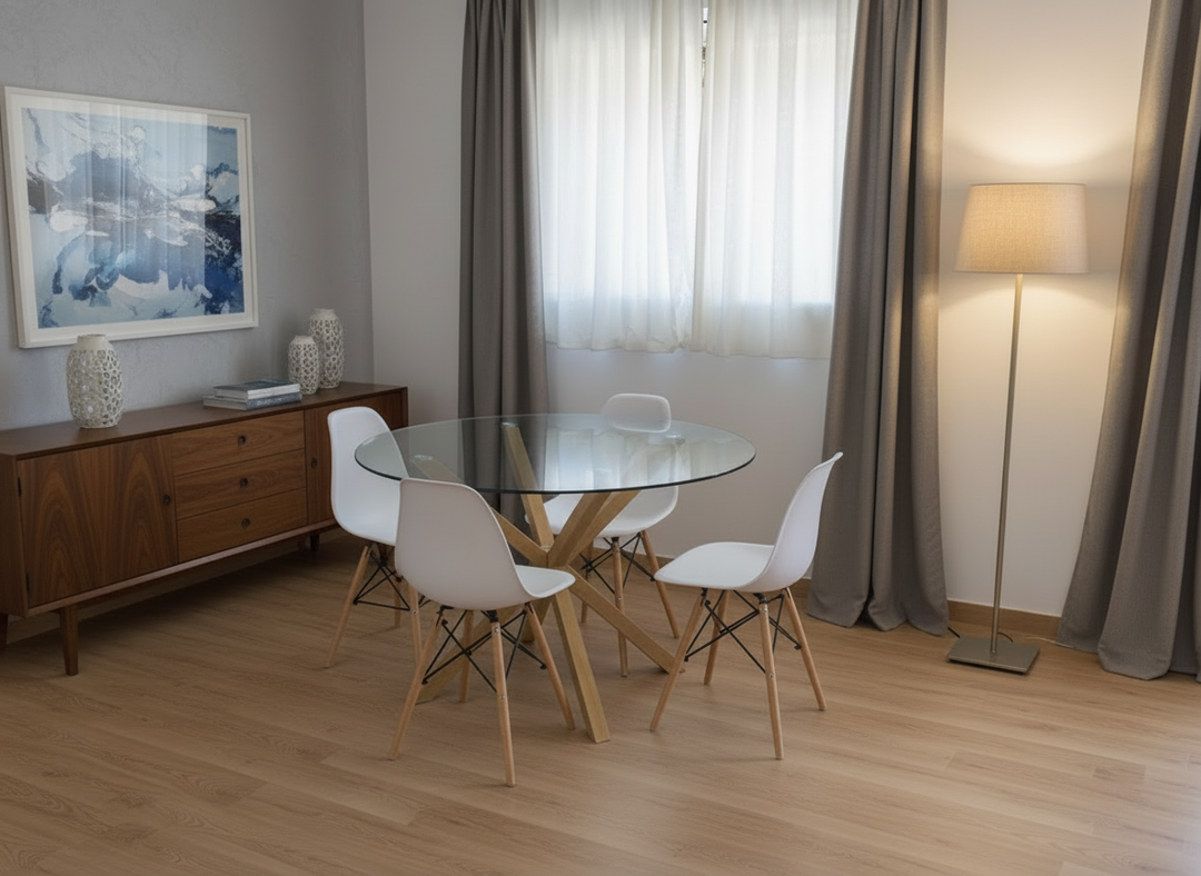 Pack Mesa Redonda de Cristal Templado + 4 Sillas Estilo Nordico Blancas