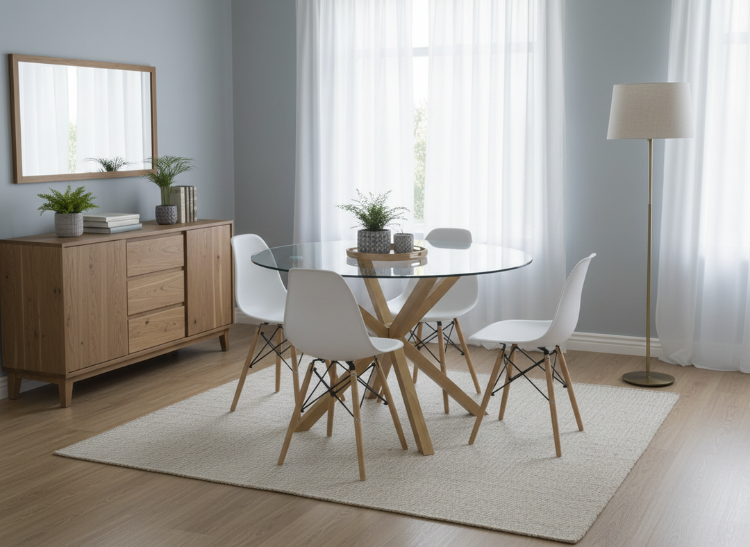 Pack Mesa Redonda de Cristal Templado + 4 Sillas Estilo Nordico Blancas