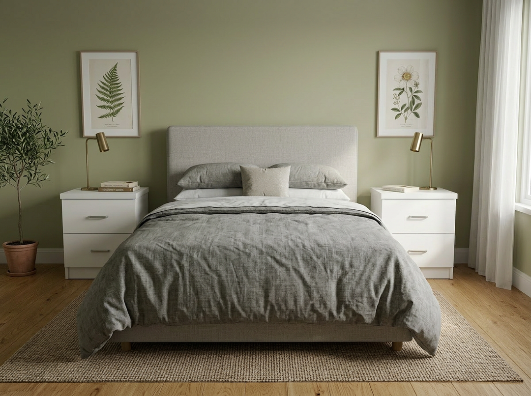 Un dormitorio acogedor con una cama gris, flanqueada por mesitas de noche blancas y lámparas doradas. Las paredes verdes están decoradas con motivos botánicos. Una pequeña planta en maceta aporta frescura.