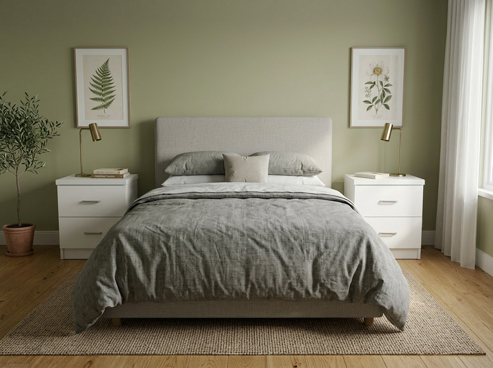 Un dormitorio acogedor con una cama gris, flanqueada por mesitas de noche blancas y lámparas doradas. Las paredes verdes están decoradas con motivos botánicos. Una pequeña planta en maceta aporta frescura.