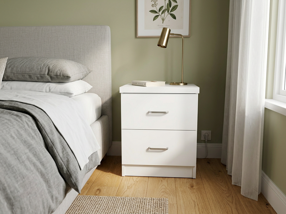 Una tranquila habitación con una cama tapizada en gris, una mesita de noche blanca con una lámpara dorada y un libro, suelo de madera clara y paredes en un suave tono verde.