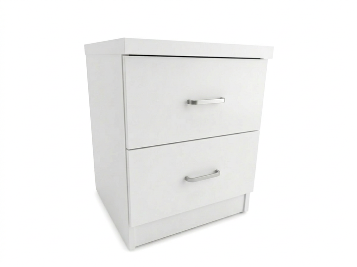 Un mueble blanco de dos cajones con elegantes tiradores plateados sobre un fondo liso. Su diseño moderno transmite sencillez y funcionalidad.