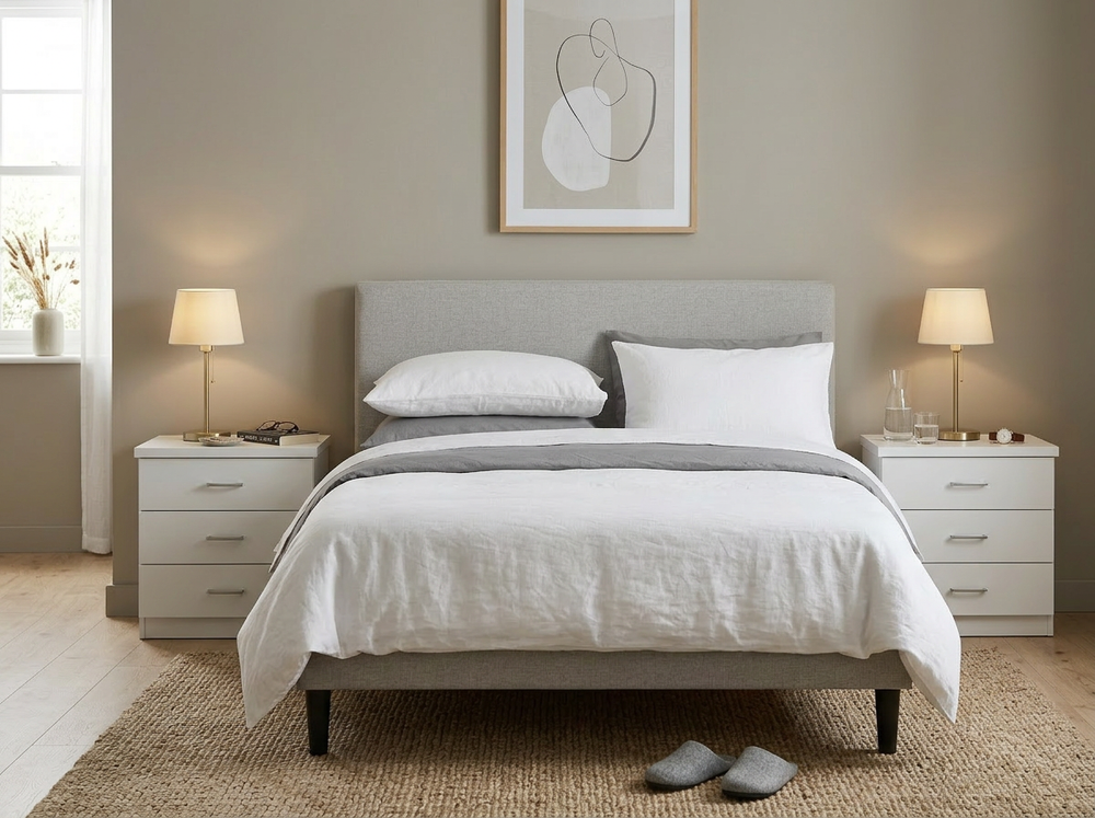 Un dormitorio minimalista cuenta con una cama perfectamente hecha con ropa de cama blanca, flanqueada por dos mesitas de noche blancas con lámparas. Sobre la cama cuelga una obra de arte abstracto.