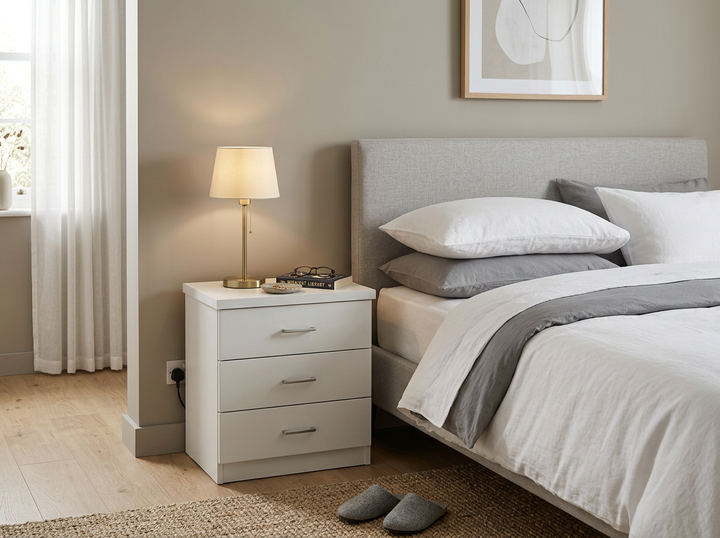 Acogedor dormitorio con una cama tapizada en gris y ropa de cama en tonos blancos y grises. En una mesita de noche blanca hay una lámpara, un libro y unas gafas. Luz tenue y decoración minimalista.
