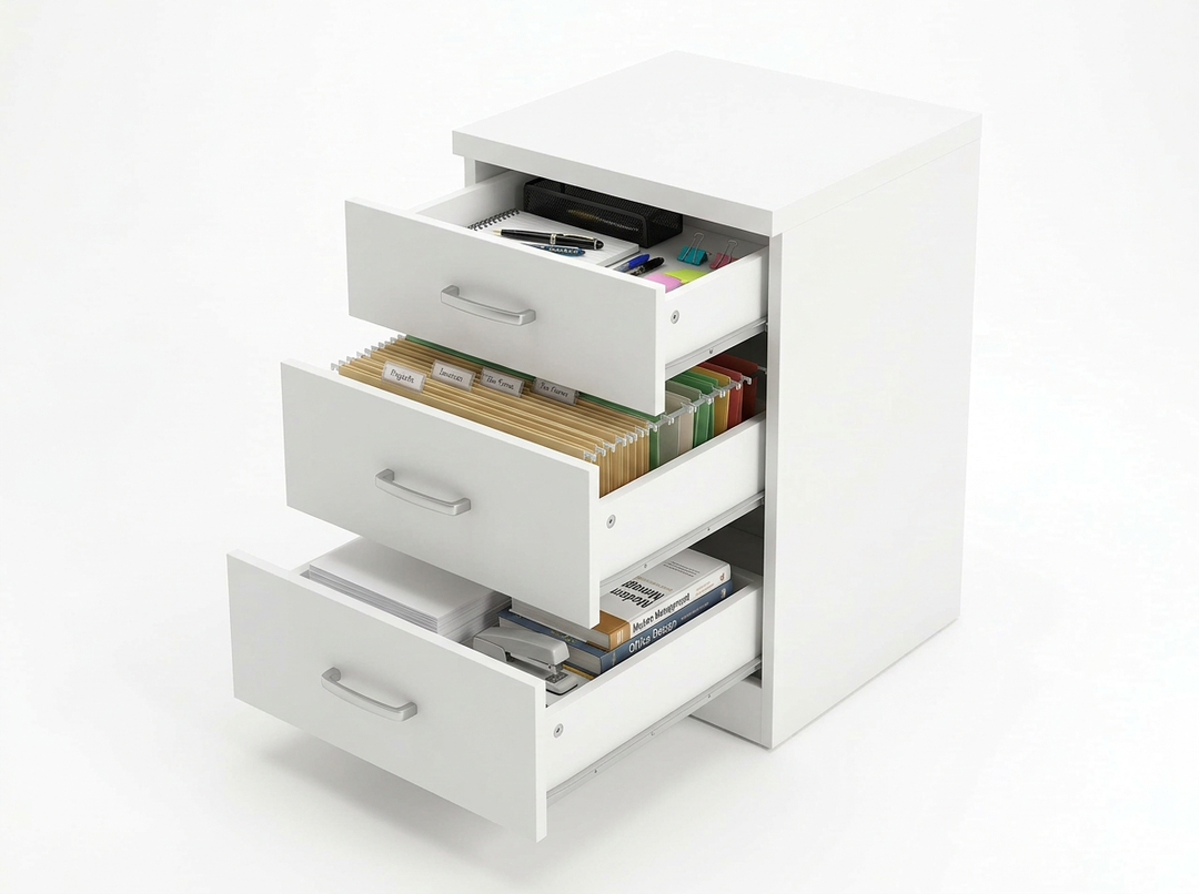 Una mesita de noche blanca con tres cajones abiertos: el de arriba con material de papelería, el del medio con carpetas etiquetadas y el de abajo con libros y pilas de papeles. Todo ordenado y bien organizado.