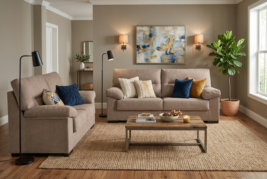 Acogedor salón con sofás beige, cojines azules y amarillos, mesa de centro de madera, una planta de interior, cuadros abstractos y una cálida iluminación procedente de los apliques de pared.