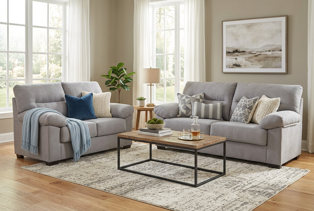 Un salón luminoso con dos sofás grises, cojines de colores y una mesa de centro sobre una alfombra estampada. Los grandes ventanales y las obras de arte realzan el ambiente acogedor.