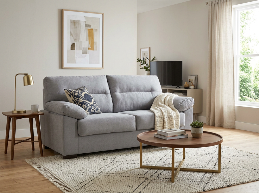 Un acogedor salón con un sofá gris adornado con un cojín estampado y una manta color crema. Sobre una alfombra de textura se encuentra una mesa de centro redonda con libros y una planta. Sobre el sofá cuelga una obra de arte abstracta enmarcada, y la suave iluminación crea un ambiente cálido.