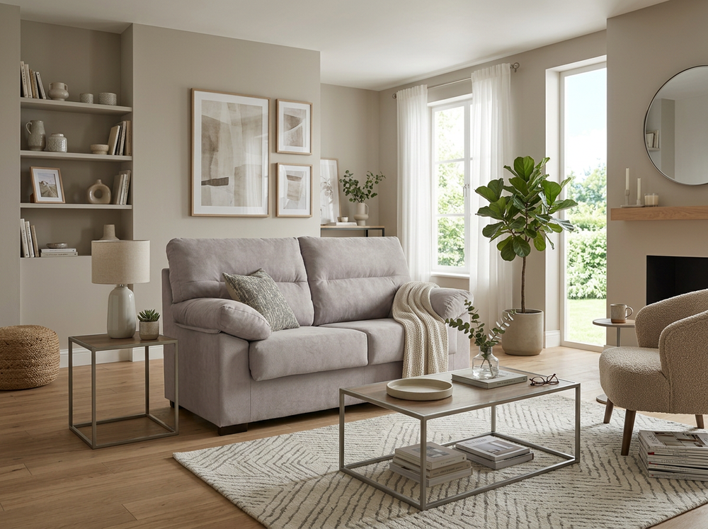 Un salón acogedor y moderno con un sofá gris claro y una alfombra estampada. La luz del sol se filtra a través de las cortinas transparentes, resaltando una planta en maceta y las obras de arte.