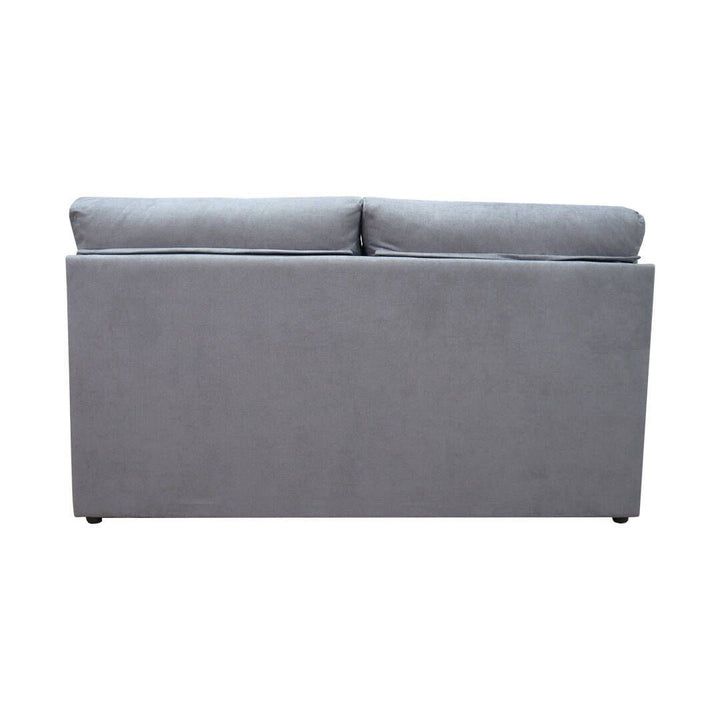Vista trasera de un sofá moderno de color gris, de diseño bajo y rectangular, con dos cojines en el respaldo, sobre un fondo blanco, que transmite sencillez y elegancia.