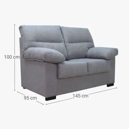 Un sofá de dos plazas gris con asientos y reposabrazos acolchados. Mide 100 cm de alto, 145 cm de ancho y 95 cm de fondo. El ambiente es luminoso y minimalista.