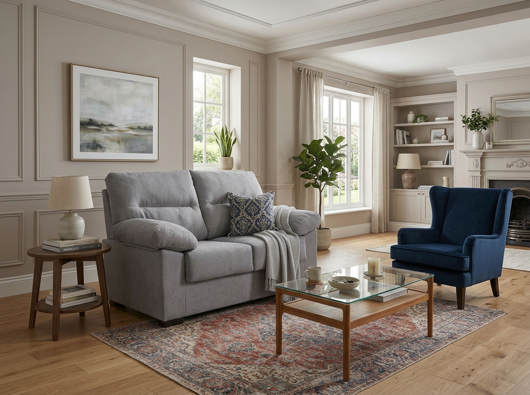 Un acogedor salón con un sofá gris, un sillón azul y una mesa de centro de cristal sobre una alfombra estampada. La iluminación tenue y los tonos neutros crean un ambiente cálido.