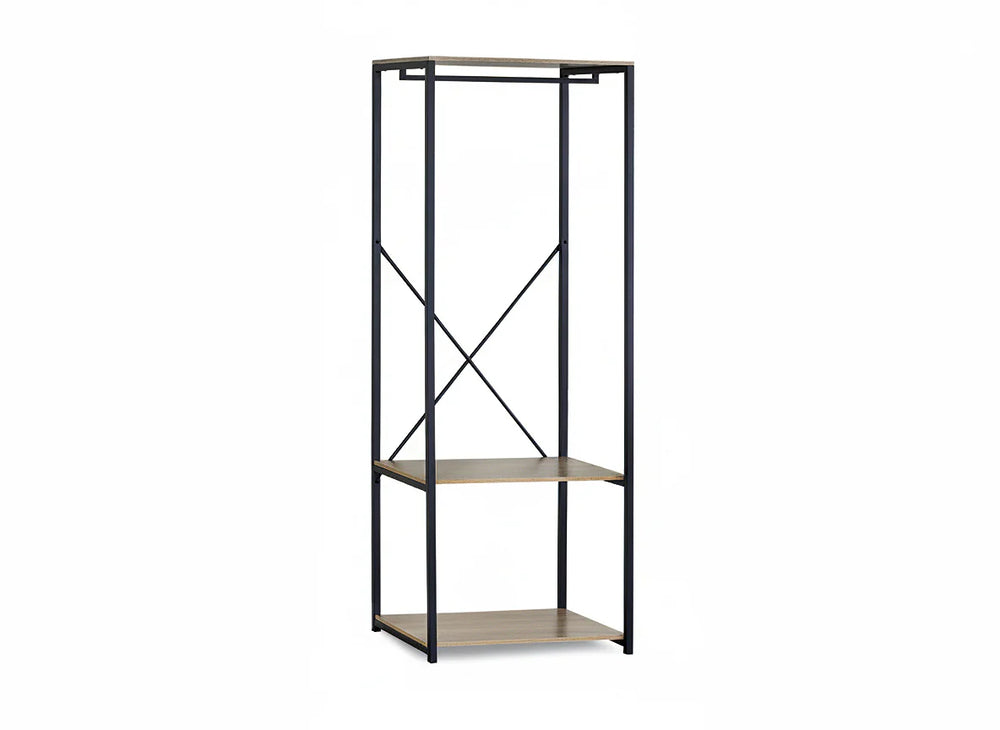 Estantería moderna de estilo industrial con tres estantes de madera y una estructura de metal negro, que destaca por su diseño minimalista y su parte trasera abierta. 