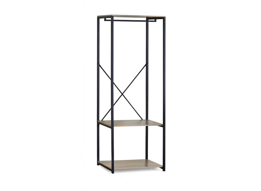 Estantería moderna de estilo industrial con tres estantes de madera y una estructura de metal negro, que destaca por su diseño minimalista y su parte trasera abierta. 