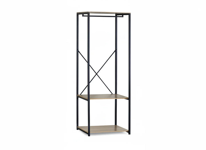 Estantería moderna de estilo industrial con tres estantes de madera y una estructura de metal negro, que destaca por su diseño minimalista y su parte trasera abierta. 