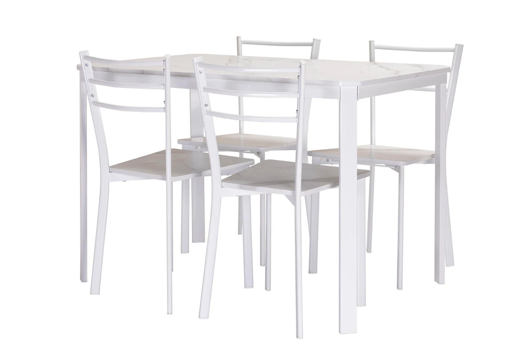 Conjunto de Mesa y 4 Sillas, Efecto Marmol Blanco y Metal. Comedor o Cocina