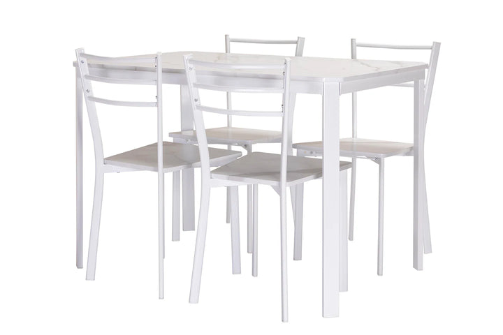 Conjunto de Mesa y 4 Sillas, Efecto Marmol Blanco y Metal. Comedor o Cocina