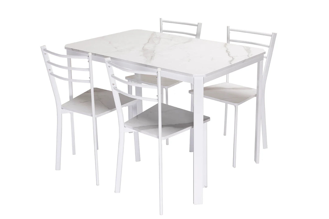 Conjunto de Mesa y 4 Sillas, Efecto Marmol Blanco y Metal. Comedor o Cocina