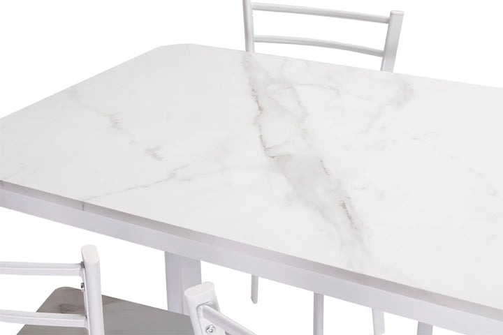 Conjunto de Mesa y 4 Sillas, Efecto Marmol Blanco y Metal. Comedor o Cocina