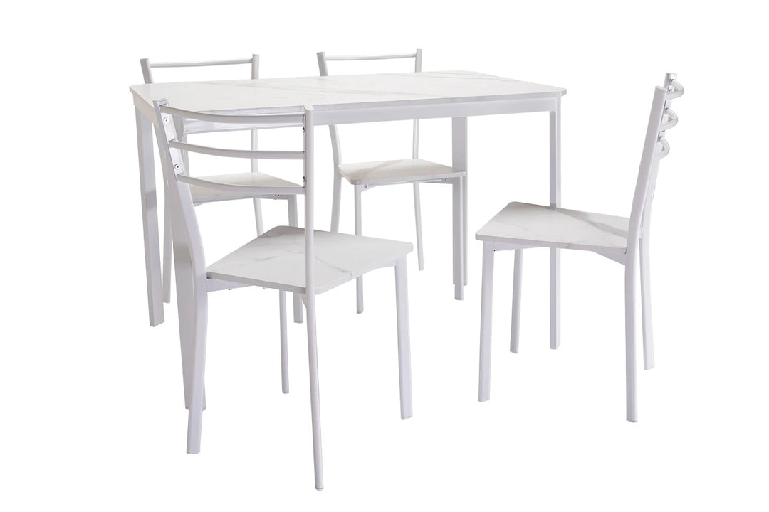 Conjunto de Mesa y 4 Sillas, Efecto Marmol Blanco y Metal. Comedor o Cocina