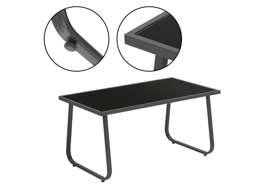 Se muestra una elegante mesa rectangular negra con patas metálicas redondeadas. Las imágenes en primer plano resaltan las esquinas lisas y los remates de las patas. El diseño transmite una sencillez moderna.