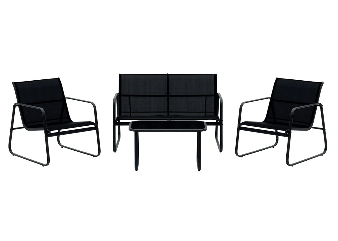 Un moderno conjunto de muebles de jardín en color negro incluye dos sillones, un sofá de dos plazas y una mesa de centro. Su diseño elegante y minimalista transmite un estilo contemporáneo.