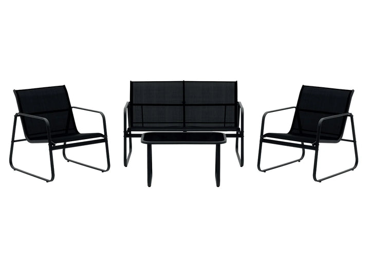 Un moderno conjunto de muebles de jardín en color negro incluye dos sillones, un sofá de dos plazas y una mesa de centro. Su diseño elegante y minimalista transmite un estilo contemporáneo.