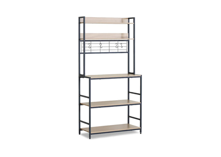 Estantería alta de madera para la cocina con estructura de metal negro. Cuenta con cuatro estantes, dos ganchos y un diseño moderno, ideal para organizar los utensilios de cocina.
