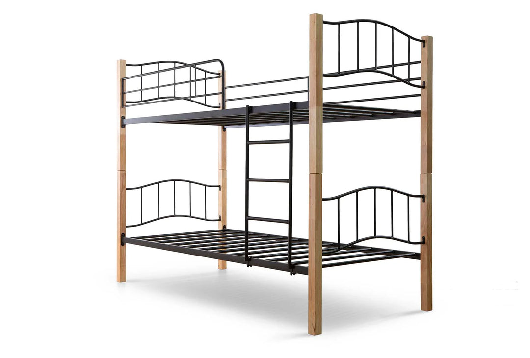 Black metal bunk bed with wooden posts, featuring a minimalist design. The bed has a vertical ladder connecting the two levels, creating a sturdy, modern look.