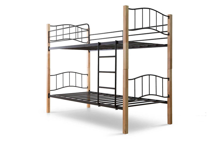Black metal bunk bed with wooden posts, featuring a minimalist design. The bed has a vertical ladder connecting the two levels, creating a sturdy, modern look.