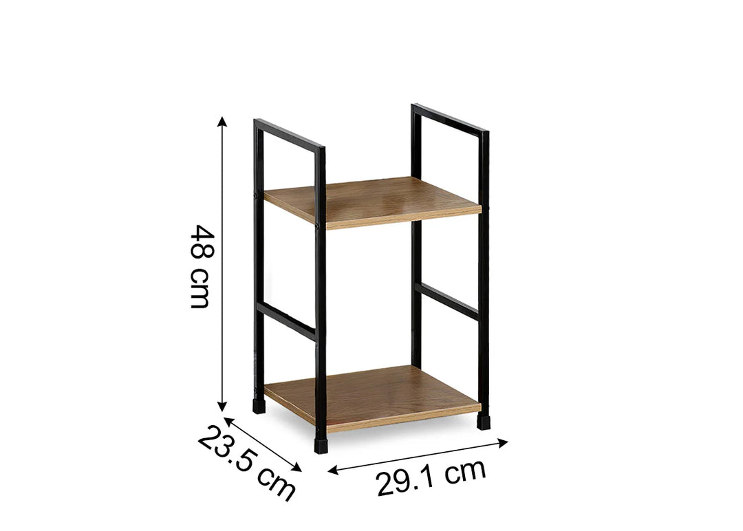 Estantería de madera de dos niveles con estructura de metal negro, que mide 48 cm de alto, 29,1 cm de ancho y 23,5 cm de fondo, y presenta un diseño moderno y minimalista.