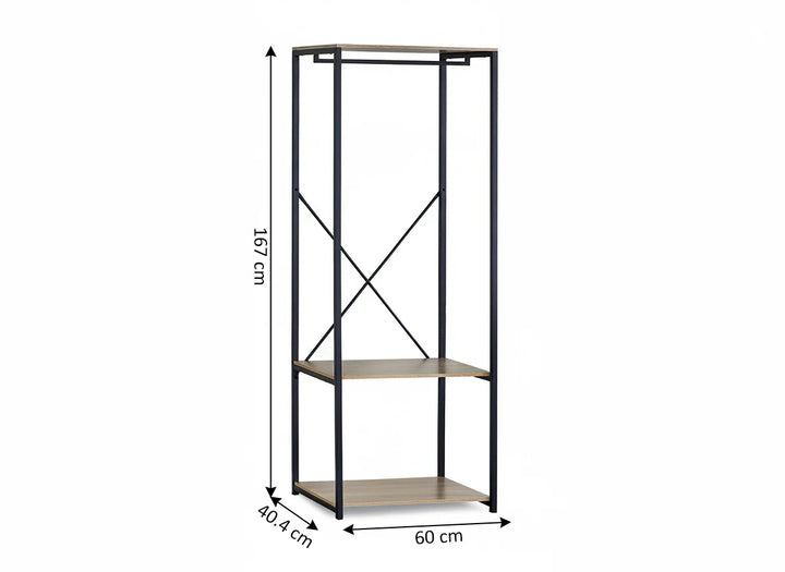 Estantería de acero y madera de diseño minimalista, con tres estantes. Dimensiones: 167 cm de alto, 60 cm de ancho y 40,4 cm de fondo.