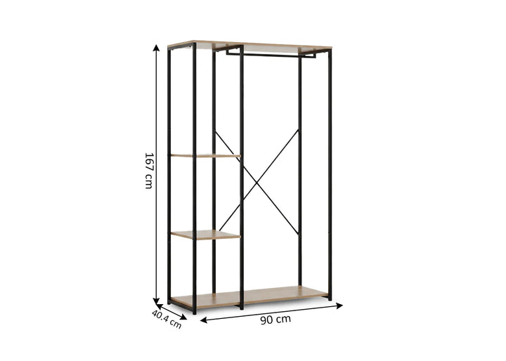 Un armario minimalista con estructura de metal negro y estantes de madera. Sus dimensiones son de 167 cm de alto, 90 cm de ancho y 40,4 cm de fondo.