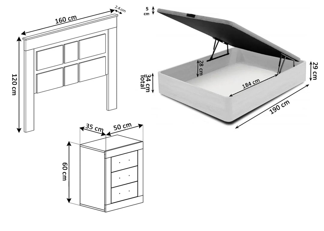 Pack Cama Canape + Colchón + Cabecero + 2 Mesitas de Noche