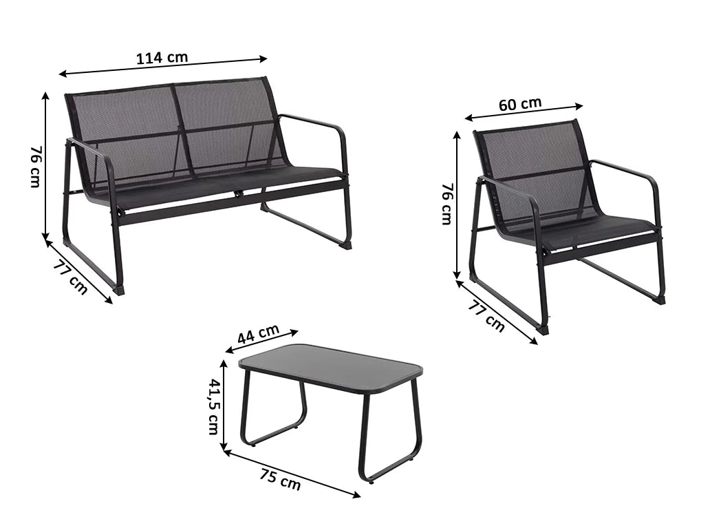 Conjunto de muebles de exterior con dimensiones. Incluye un banco de 114 cm de ancho, un sillón de 60 cm de ancho, ambos de 76 cm de altura, y una mesa de centro de 75 x 44 x 41,5 cm. Estructura de metal negro.