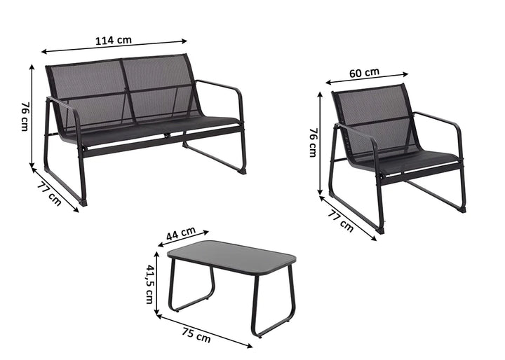 Conjunto de muebles de exterior con dimensiones. Incluye un banco de 114 cm de ancho, un sillón de 60 cm de ancho, ambos de 76 cm de altura, y una mesa de centro de 75 x 44 x 41,5 cm. Estructura de metal negro.
