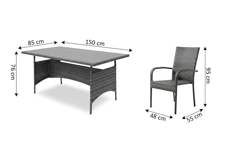 Conjunto de comedor de exterior con una mesa rectangular de mimbre; dimensiones: 150 cm x 85 cm x 76 cm. Silla de mimbre a juego, dimensiones: 55 cm x 48 cm x 95 cm.