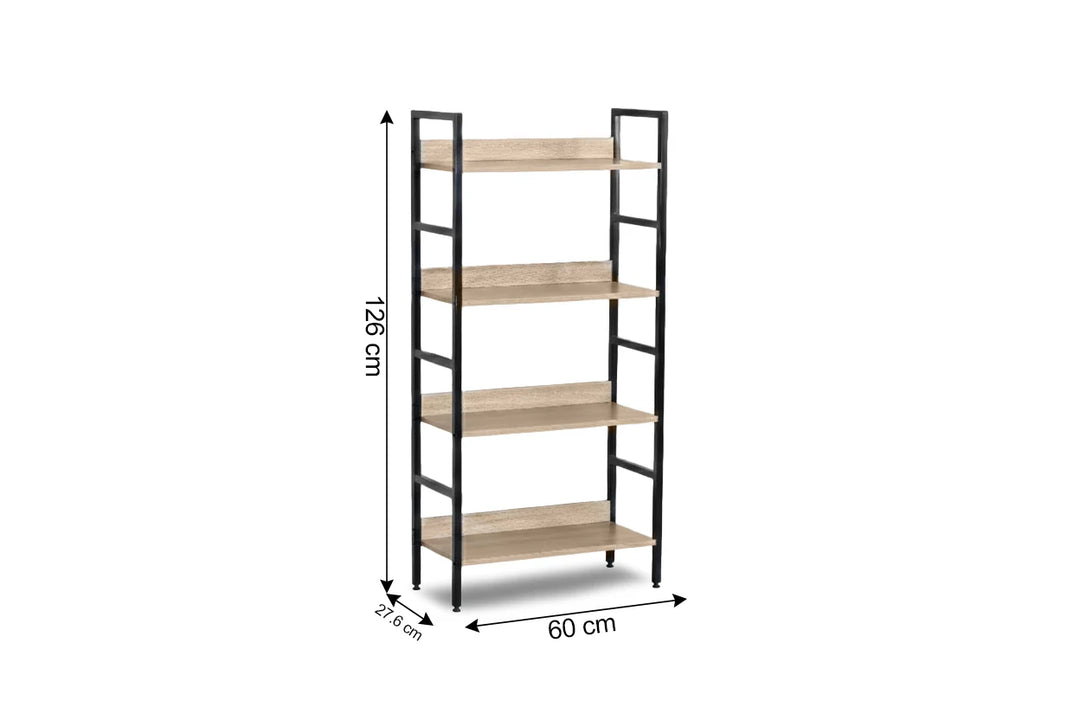 Estantería de madera de 5 niveles, con estructura de metal negro. Dimensiones indicadas: 126 cm de alto, 60 cm de ancho y 27,6 cm de fondo. Diseño minimalista.