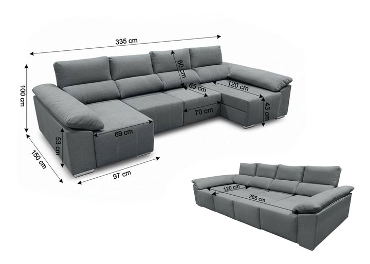 Mega Sofa Cama Chaise Longue Barcelona con Arcon, 335cm