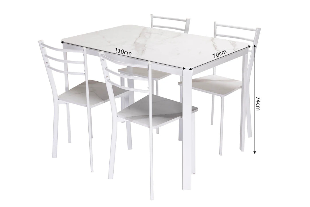 Conjunto de Mesa y 4 Sillas, Efecto Marmol Blanco y Metal. Comedor o Cocina