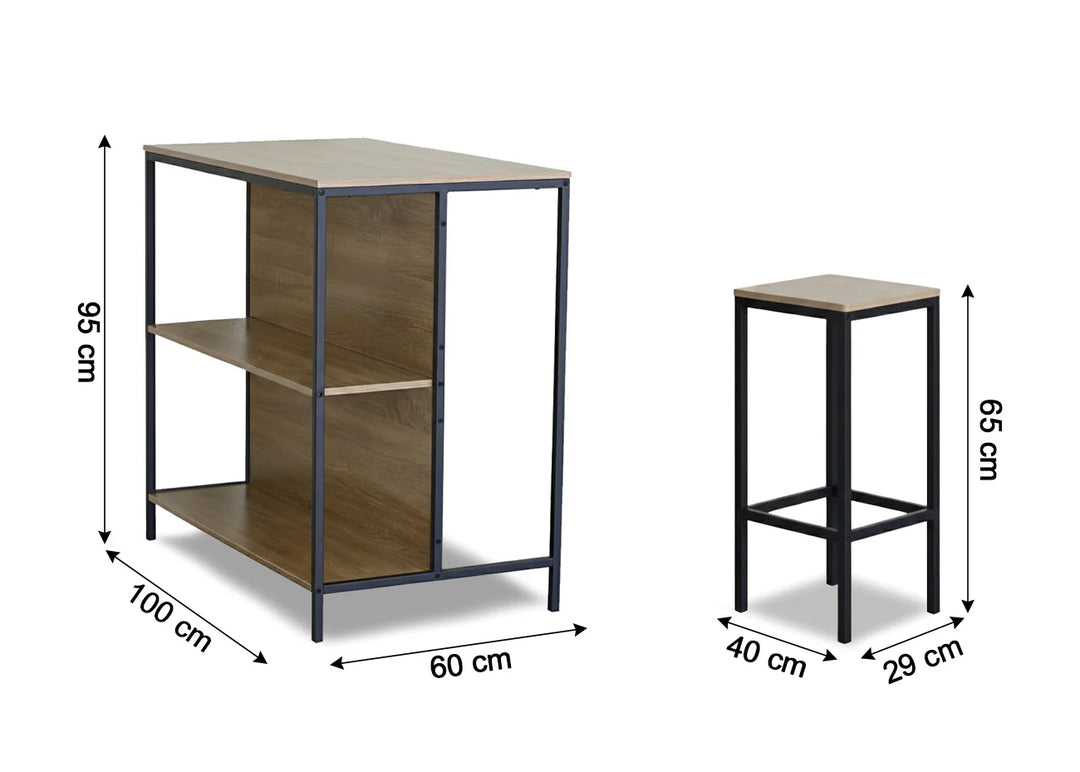 Isla de cocina de madera con estructura de metal negro, de 95 x 100 x 60 cm, con dos estantes. Incluye un taburete a juego, de 65 x 40 x 29 cm.