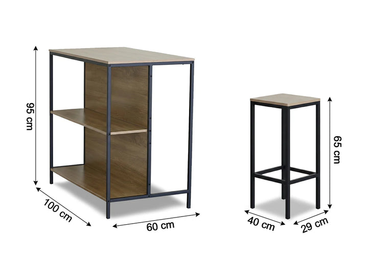 Isla de cocina de madera con estructura de metal negro, de 95 x 100 x 60 cm, con dos estantes. Incluye un taburete a juego, de 65 x 40 x 29 cm.