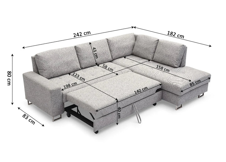 Sofa Cama Chaise Longue Febe 242cm. Rinconera, con Arcón