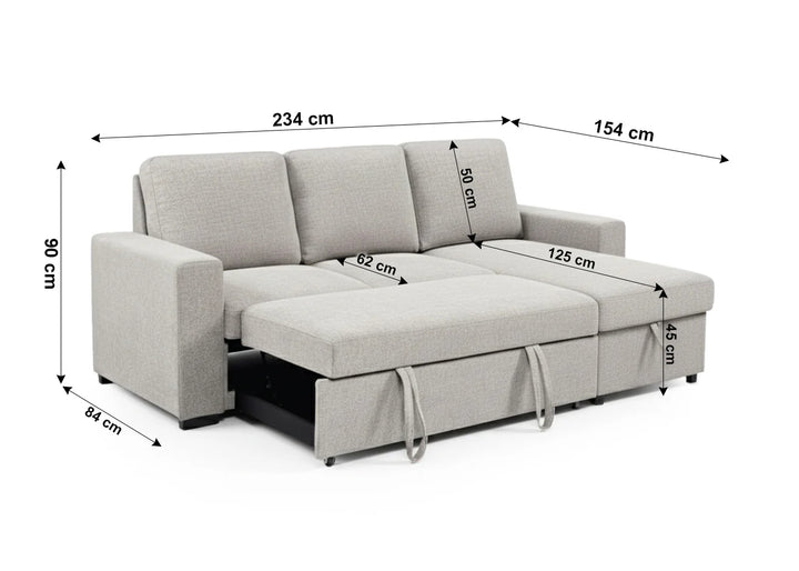 Sofá cama en forma de L de color gris claro con las medidas indicadas: 234 cm de ancho, 90 cm de alto y 154 cm de longitud cuando está extendido. Sección extraíble con correas visibles para su transformación.