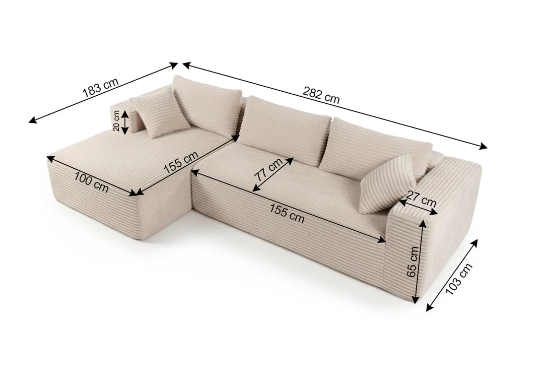 Sofá modular beige con medidas. Las dimensiones incluyen la longitud (282 cm), la profundidad (103 cm) y las zonas de asiento. Incluye cojines, lo que le da un aire acogedor.