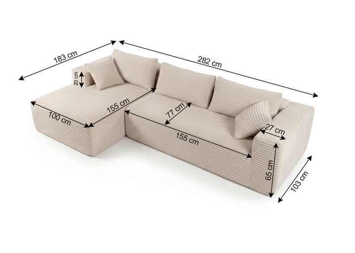 Sofá modular beige con medidas. Las dimensiones incluyen la longitud (282 cm), la profundidad (103 cm) y las zonas de asiento. Incluye cojines, lo que le da un aire acogedor.