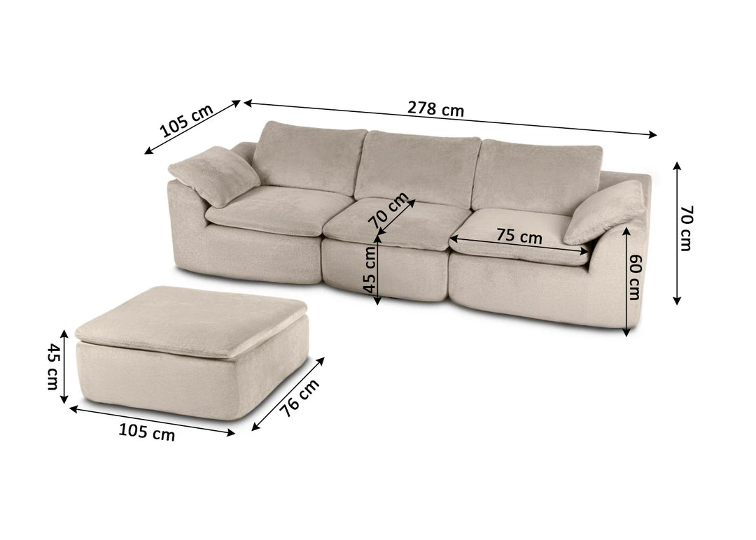 Imagen de un sofá modular de color beige con un puff. Se indican las dimensiones: el sofá mide 278 cm de ancho y 70 cm de alto; la otomana mide 105 x 76 cm y 45 cm de alto.