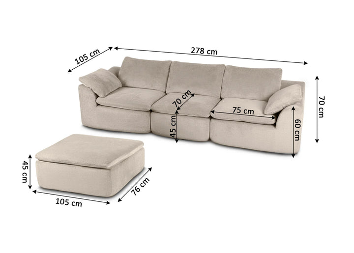 Imagen de un sofá modular de color beige con un puff. Se indican las dimensiones: el sofá mide 278 cm de ancho y 70 cm de alto; la otomana mide 105 x 76 cm y 45 cm de alto.