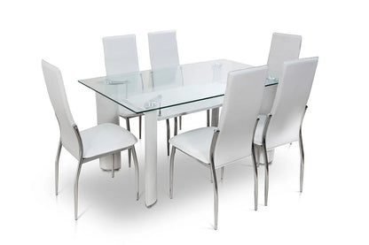 Mesa de Cristal Templado + 6 Sillas en Polipiel/Metal