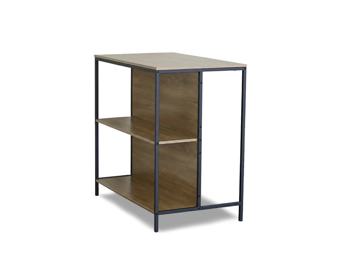 Estantería rectangular moderna con tres estantes de madera y una estructura de metal negro, que le confiere un aire minimalista e industrial.